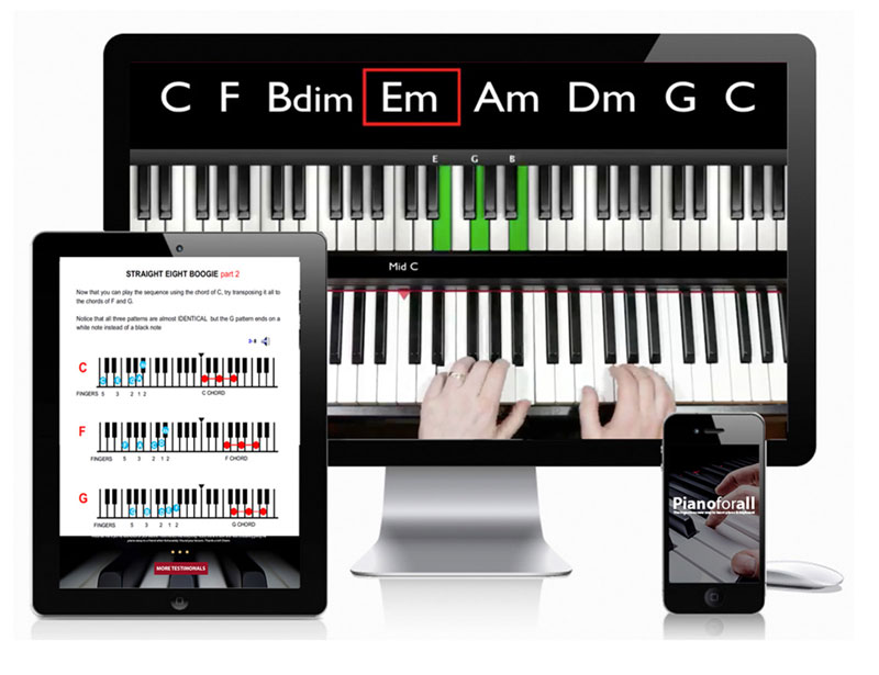 Pianoforall lessons running on desktop, tablet and phone, showing chord diagrams and a keyboard video
