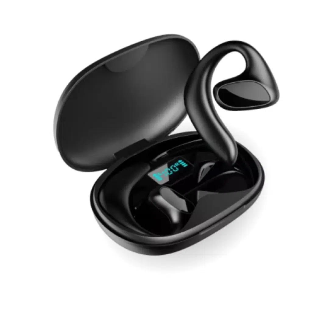 SonaBuds earbuds and charging case shown next to a phone with the language-selection screen